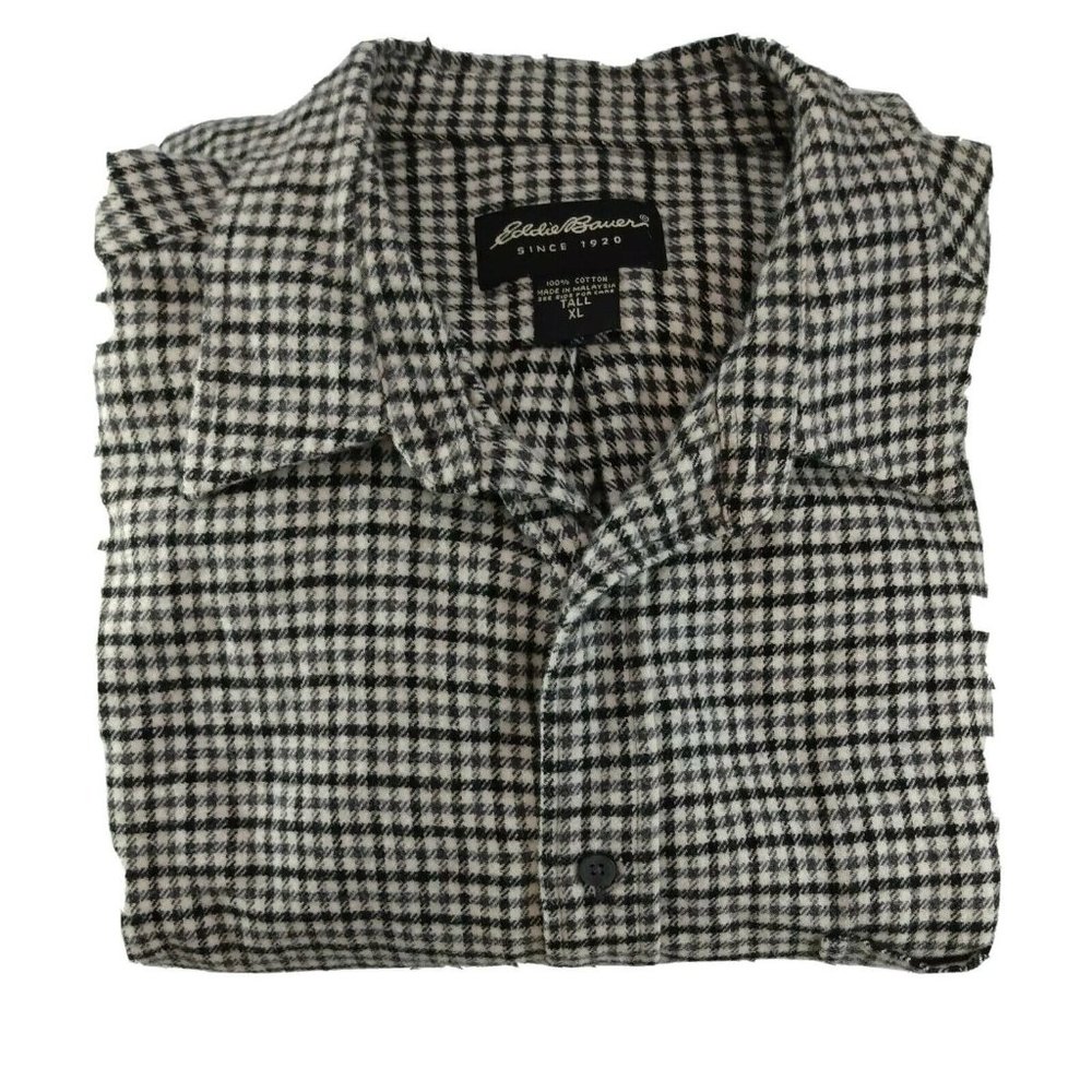 Eddie Bauer Mens Long Sleeve Plaid Herringbone Flannel Shirt Black White Size XL